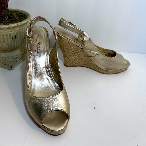 Lilly Pulitzer Kristin Leather Wedge Gold Peep Toe    Preppy Shoes Size 8.5 - Picture 2 of 16